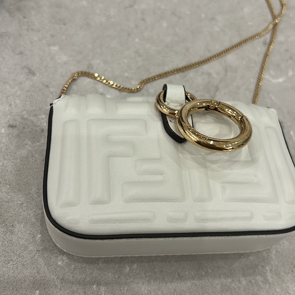 FENDI FF Embossed Monogram Nano Baguette Napa Matisse gold cream chain - Picture 3 of 13